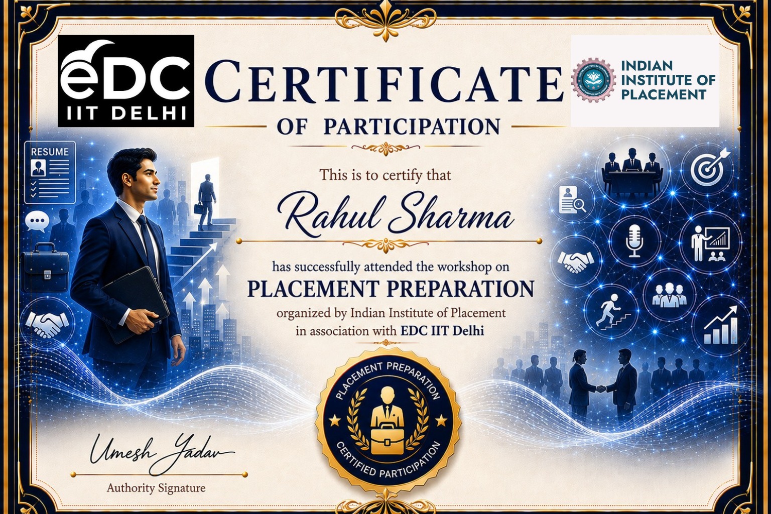 Sample Certificate of Participation for Placement Preparation from Indian Institute of Placement in association with EDC IIT Delhi